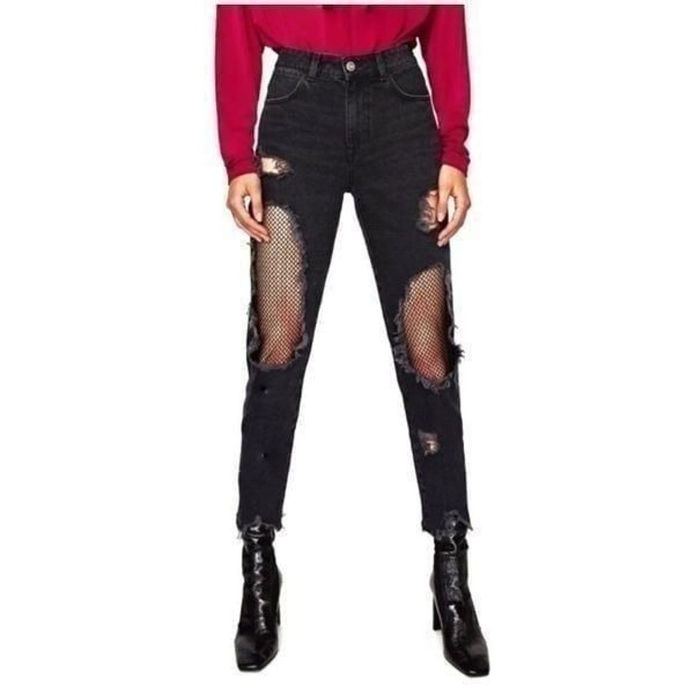 Zara Biker High Rise Distressed Fishnet Jean - Size 6